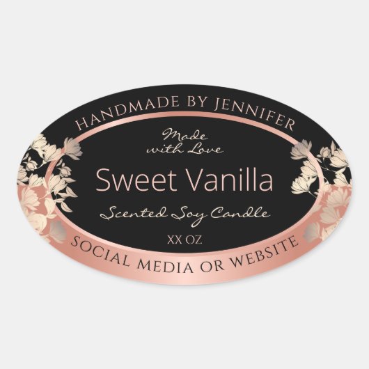 黒色フローラ製品パッケージラベルバラ金ゴールド 楕円形シール (正面)