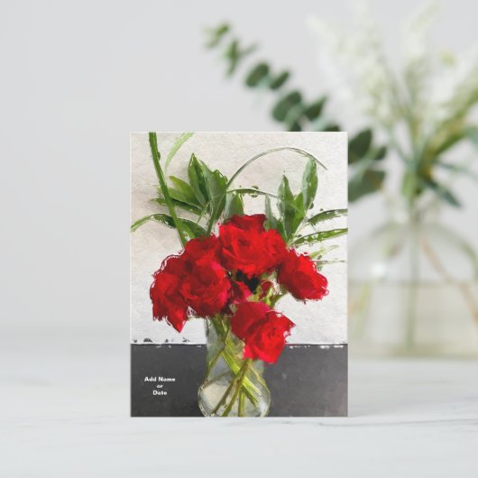 黒色彩の鮮やかと白の背景に赤いバラ ポストカード (スタンド正面)