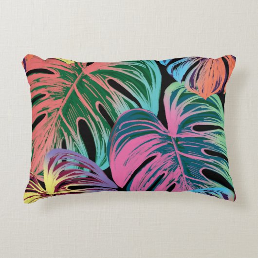 黒色彩の鮮やか上の熱帯モンス葉ラのカラフル アクセントクッション (正面)