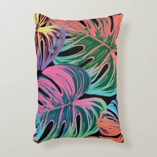 黒色彩の鮮やか上の熱帯モンス葉ラのカラフル アクセントクッション (正面(垂直))