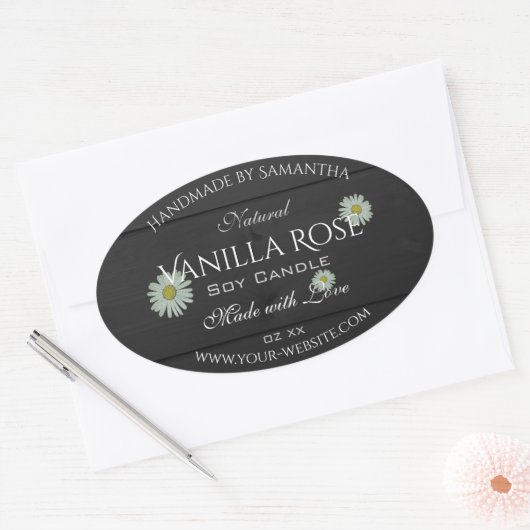 黒色木目製品包装ラベルデイジー 楕円形シール (封筒)