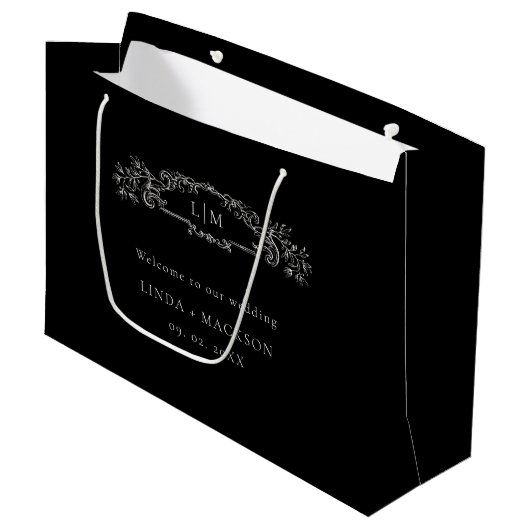 黒色植物性クレストモノグラム結婚ズ ラージペーパーバッグ (正面アングル)