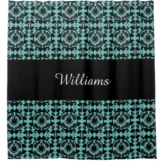 黒色植物性ダマスクモノグラム シャワーカーテン (正面)