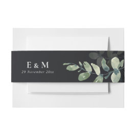 黒色緑色ユーカリ水色モノグラム結婚ズ 招待状ベリーバンド