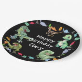 黒色背景の恐竜の誕生日パーティー ペーパープレート (アングル)