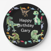 黒色背景の恐竜の誕生日パーティー ペーパープレート (正面)