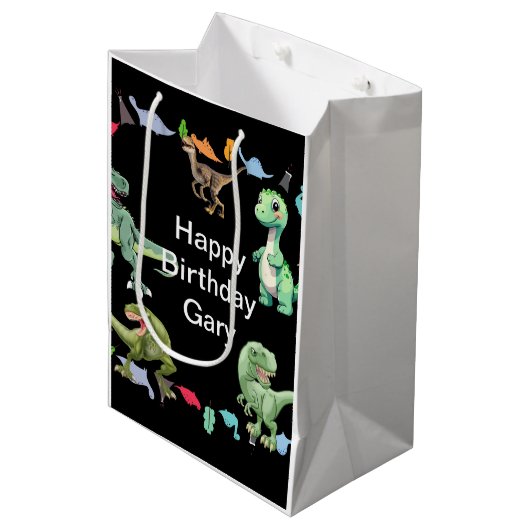 黒色背景の恐竜の誕生日パーティー ミディアムペーパーバッグ (正面アングル)