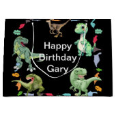 黒色背景の恐竜の誕生日パーティー ラージペーパーバッグ (正面)