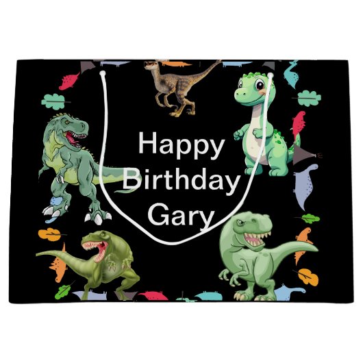 黒色背景の恐竜の誕生日パーティー ラージペーパーバッグ (正面)