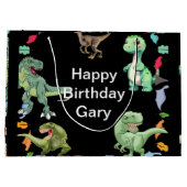 黒色背景の恐竜の誕生日パーティー ラージペーパーバッグ (裏面)