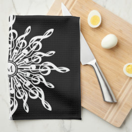 黒色装飾用トレブルクレフ、 音符記号モノグラム キッチンタオル