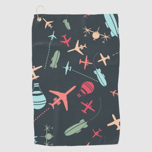 黒色飛行機及び航空模様 ゴルフタオル (正面)