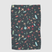 黒色飛行機及び航空模様 ゴルフタオル (正面)