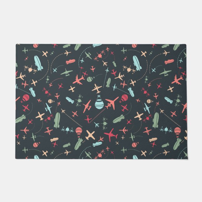 黒色飛行機及び航空模様 ドアマット (正面)