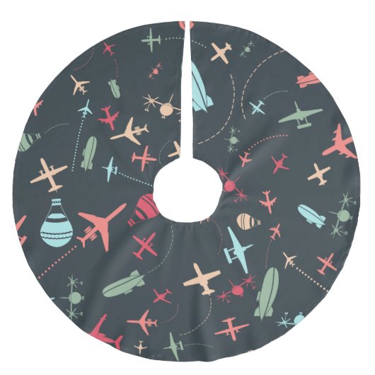 黒色飛行機及び航空模様 ブラッシュドポリエステルツリースカート (正面)