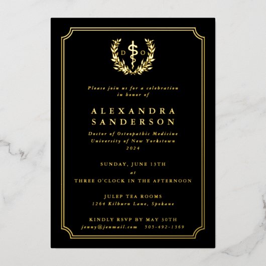 黒色骨障害医学博士の卒業 箔招待状 (正面)