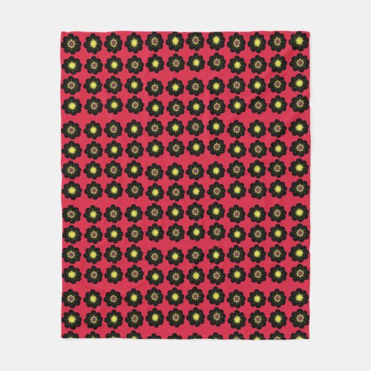 黒花赤背景スカンジナビアの花 フリースブランケット (正面)