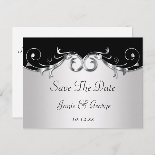 黒華美と銀の渦巻きが日付を保存 案内ポストカード (正面/裏面)