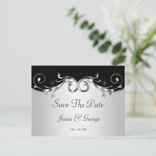 黒華美と銀の渦巻きが日付を保存 案内ポストカード (スタンド正面)