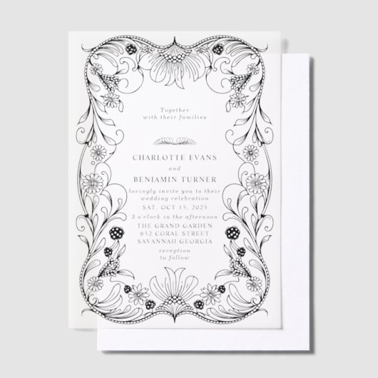 黒華美フローラヴィンテージフレ結婚ーム ベラム紙招待状 (オフセット)