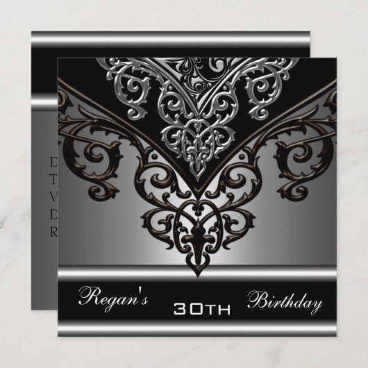 黒華美灰色シルバー30エレガント誕生日 招待状 (正面/裏面)