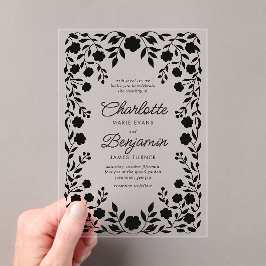 黒華美縁ど結婚フローラ アクリル招待状 (インサイチュ (ポータブル))