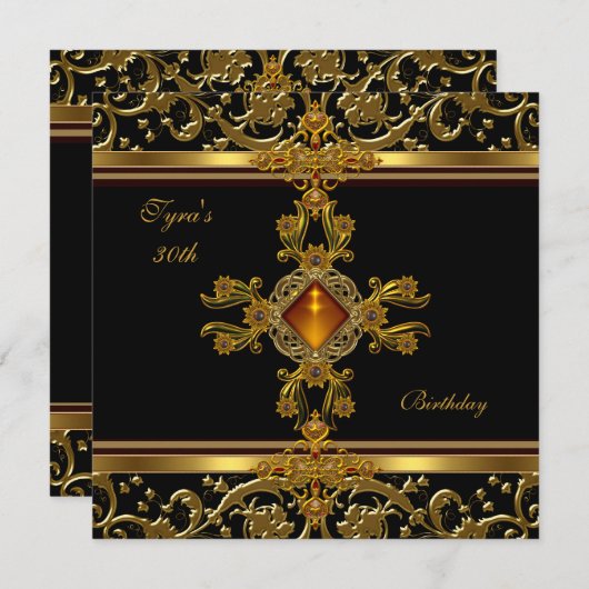 黒華美金ゴールド琥珀ジュエル30歳の誕生日 招待状 (正面/裏面)