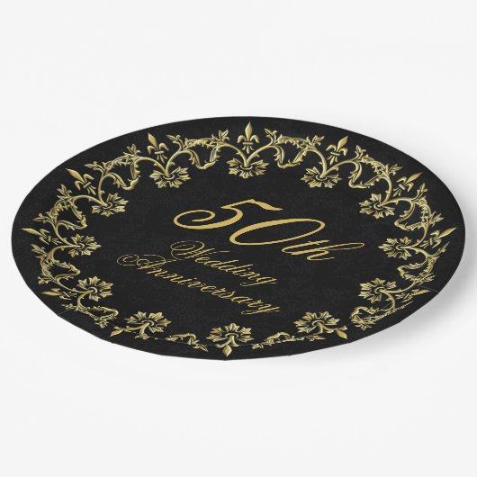 黒華美50周年の結婚金ゴールド ペーパープレート (アングル)