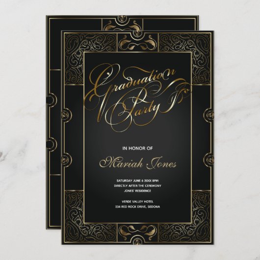 黒華美/金ゴールドアールデコ卒業招待状 招待状 (正面/裏面)