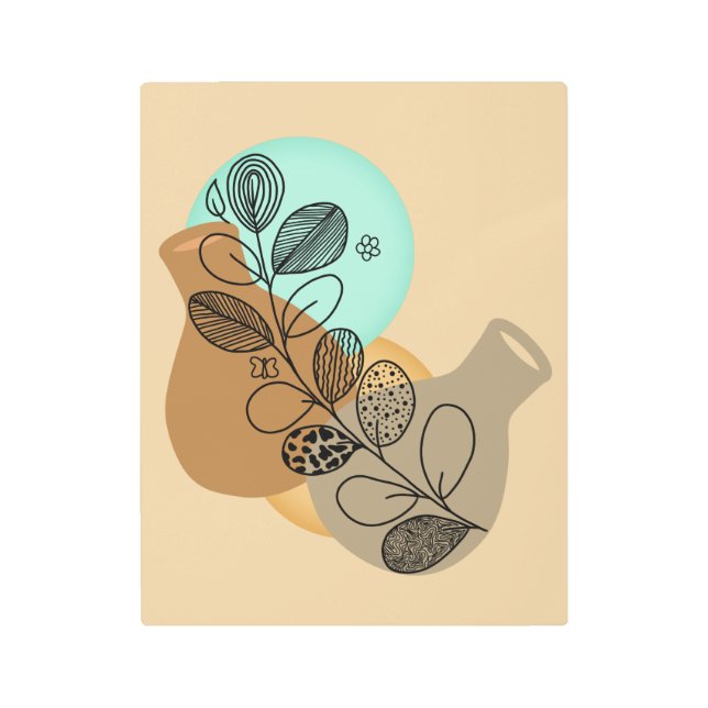 黒葉付きボヘミア抽象芸術ミニマリスト メタルプリント (正面)