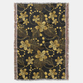 黒葉色の金ゴールドに熱帯と花の模様 スローブランケット (正面縦)