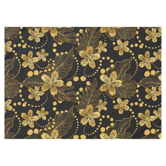 黒葉色の金ゴールドに熱帯と花の模様 テーブルクロス (正面(横))
