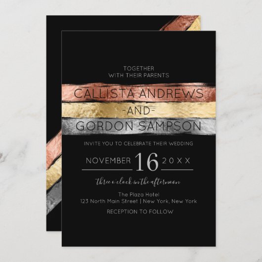 黒薔薇 ゴールド シルバー ブラシストローク ストライプ ウェディング 招待状 (正面/裏面)