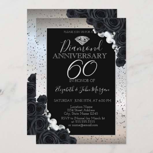 黒薔薇 シルバー コンフェッティ 結婚記念日 招待状 (正面/裏面)