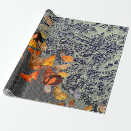 黒蝶およびレースのラッピング紙 ラッピングペーパー