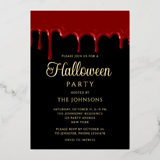 黒血エレガント滴ハロウィーン金ゴールド 箔招待状 (正面)