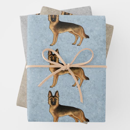 黒褐色のドイツの羊飼いがかわいい漫画の犬 ラッピングペーパーシート (インサイチュ)