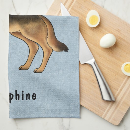 黒褐色のドイツの羊飼いと名前をカスタムするブルー キッチンタオル (四つ折り)