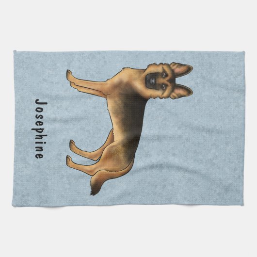 黒褐色のドイツの羊飼いと名前をカスタムするブルー キッチンタオル (横)