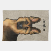 黒褐色のドイツの羊飼いの頭と名前ベージュ キッチンタオル (横)