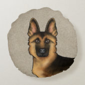 黒褐色のドイツの羊飼い可愛い犬の頭ベージュ ラウンドクッション (裏面)