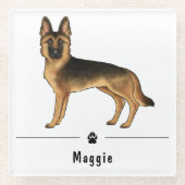 黒褐色のドイツの羊飼い犬と名前をカスタムする ガラスコースター (正面)