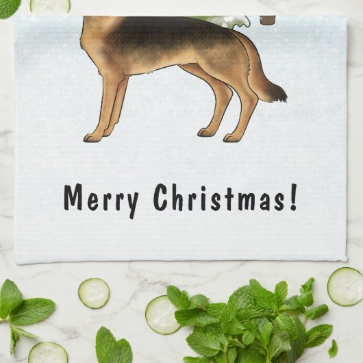 黒褐色のドイツの羊飼い犬の冬の森 キッチンタオル