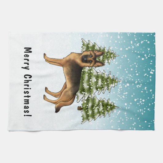 黒褐色のドイツの羊飼い犬の冬の森 キッチンタオル (横)