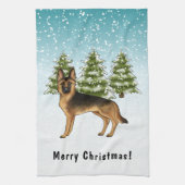 黒褐色のドイツの羊飼い犬の冬の森 キッチンタオル