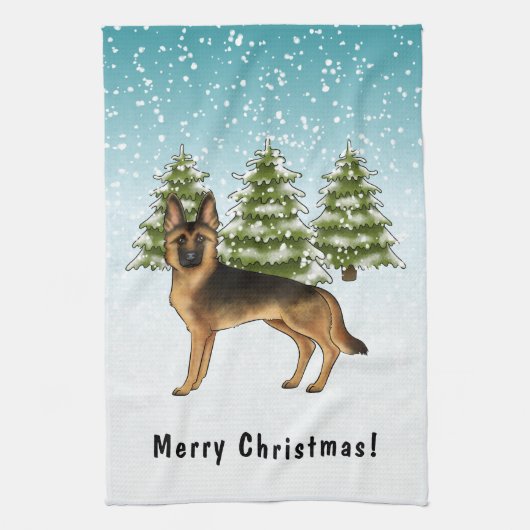 黒褐色のドイツの羊飼い犬の冬の森 キッチンタオル (縦)