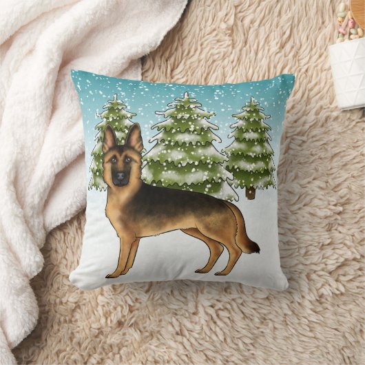 黒褐色のドイツの羊飼い犬の冬の森 クッション (ブランケット)