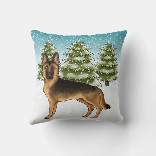 黒褐色のドイツの羊飼い犬の冬の森 クッション (裏面)