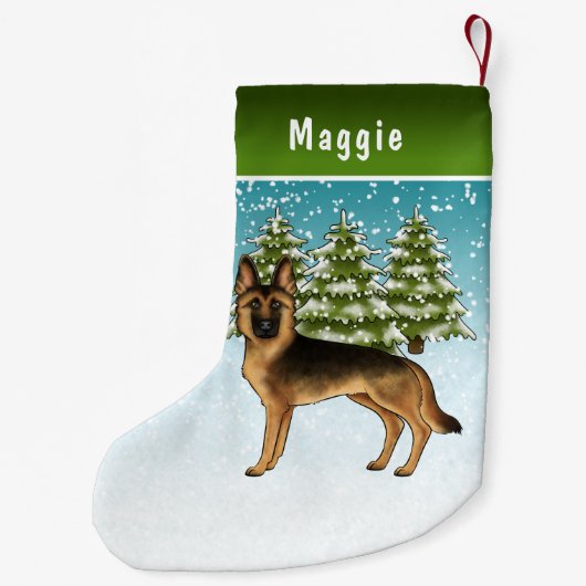 黒褐色のドイツの羊飼い犬の冬の森 スモールクリスマスストッキング (裏面)