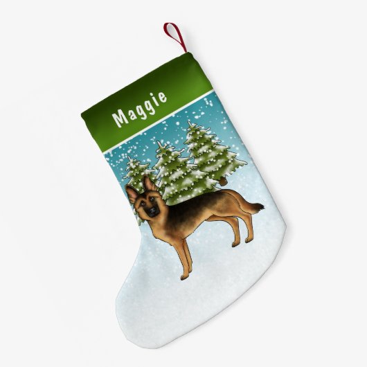 黒褐色のドイツの羊飼い犬の冬の森 スモールクリスマスストッキング (裏面 (吊り時))